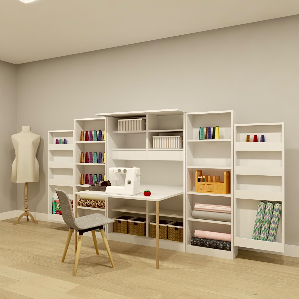Home office e ateliê de costura branco planejado