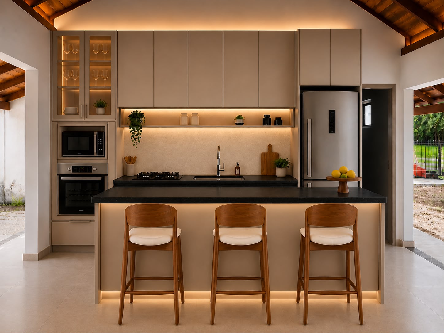 Cozinha planejada bege com ilha e iluminação LED
